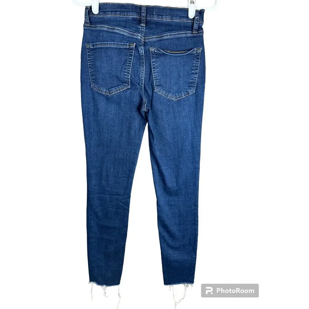 Free People 'Busted Skinny' Distressed Raw Hem Blue Hi Rise Skinny Jeans Size 27